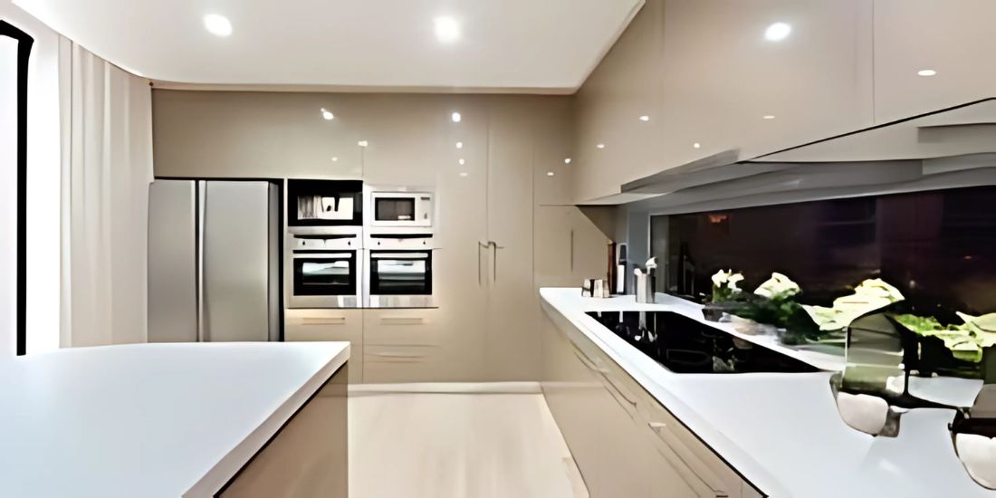 Modern kitchen with sleek acrylic sheet backsplash for a stylish and durable finish.