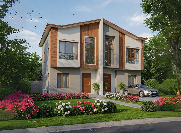A beautiful modern duplex house design featuring a lush garden, elegant duplex house interior, and seamless indoor-outdoor living.
