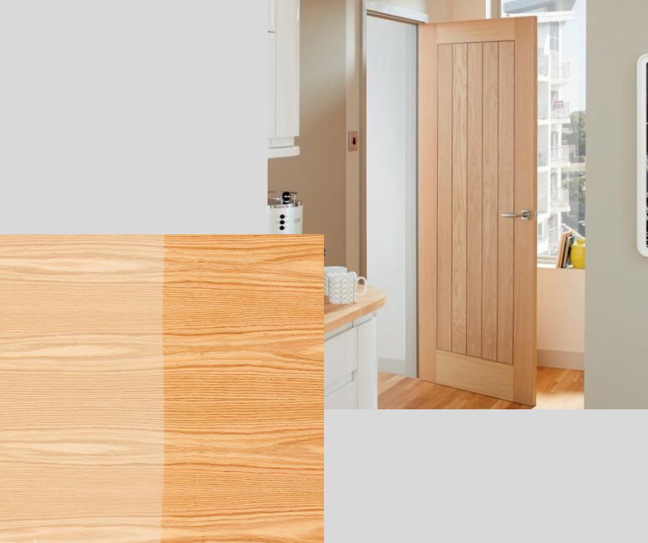 A door finished in oak veneer displaying a light brown to beige wheat color and a medium to coarse texture