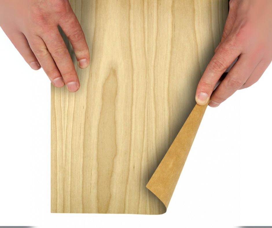 Paper-backed veneer displaying a thin layer of paper adhered to one side, flexible and can be easier to use