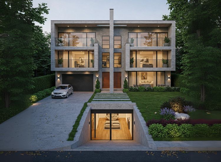 A serene modern duplex home design featuring a peaceful meditation room, stylish duplex house interior, and a tranquil ambiance.