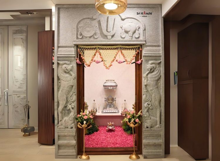 Stone Clad Sanctum Pooja Room Design