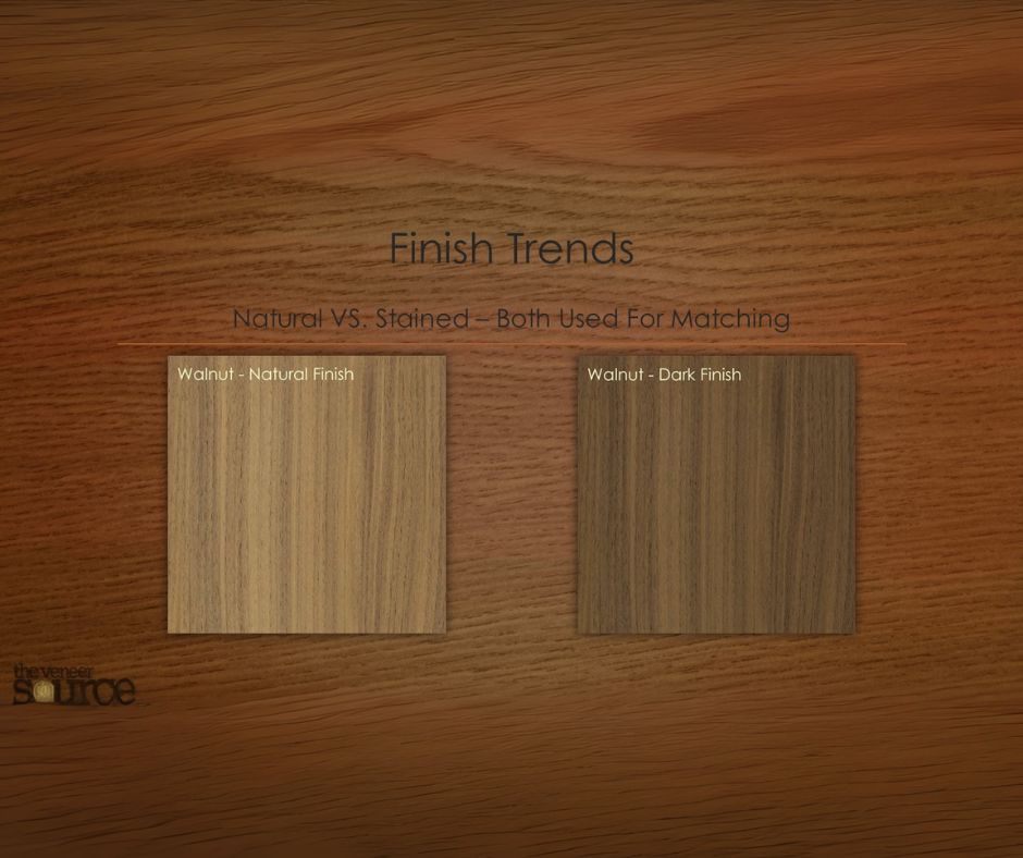 Comparison of natural and stained veneer finish featuring natural walnut finish and dark walnut finish