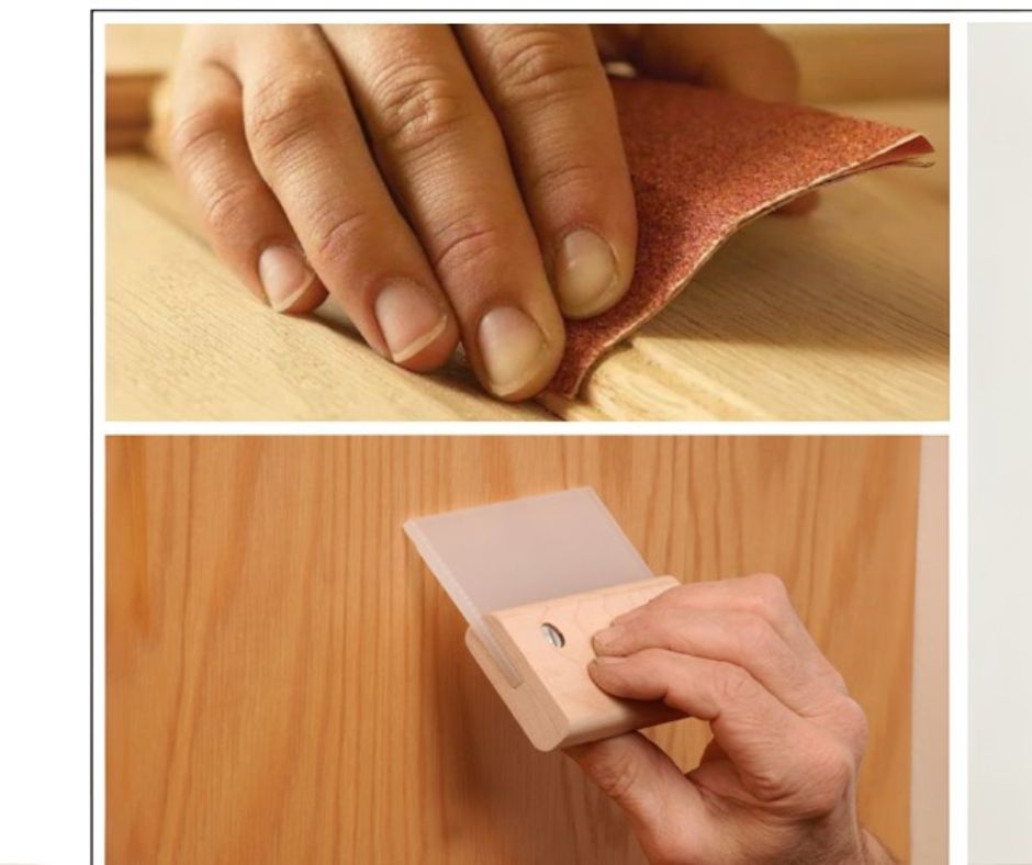 Sandpaper rubbing on the veneer surface in the same direction as the grain pattern to smoothing the veneer surface