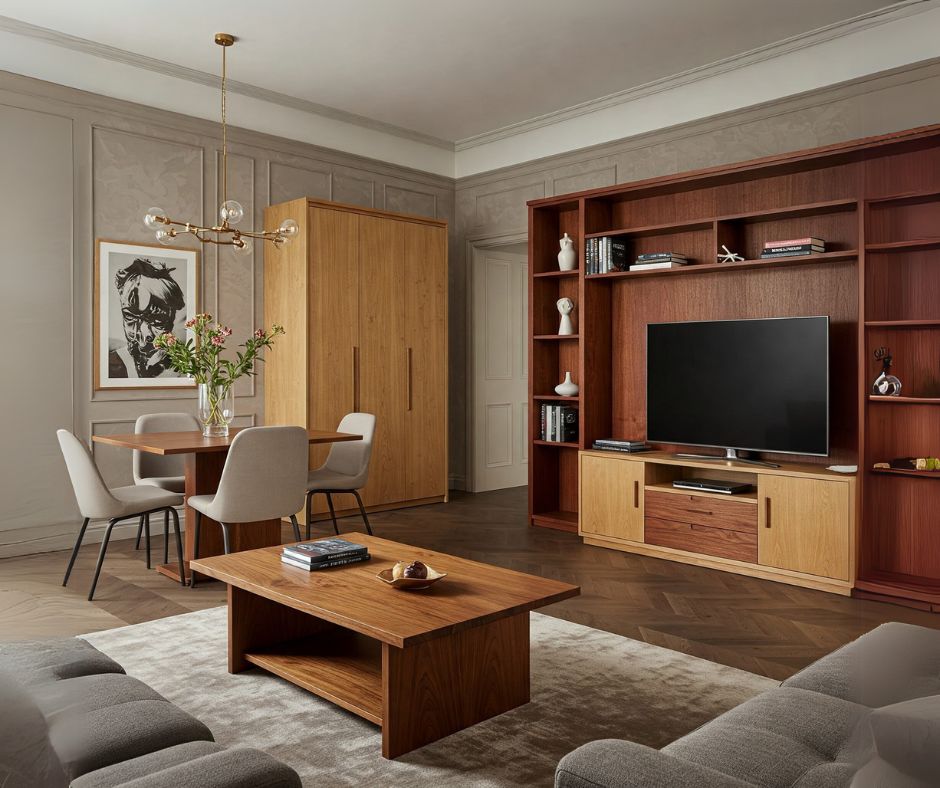 Veneer wardrobe, wall panel, door, and cabinet showcasing unique patterns, and textures, creating a harmonious blend of styles