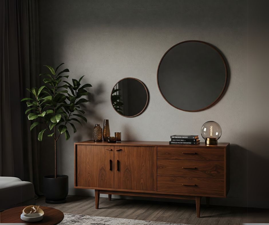 A wooden sideboard finished in exotic wood veneer with a mirror and plants, adding elegance and nature to the space.