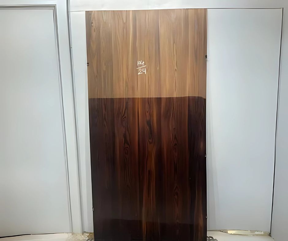 The veneer sheet featuring a half-dry look before polishing and a half-wet, smooth look after polishing the veneer