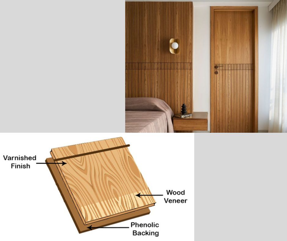 A delightful modern bedroom with veneer finished door and wall panel design adding a sense of luxury to the space