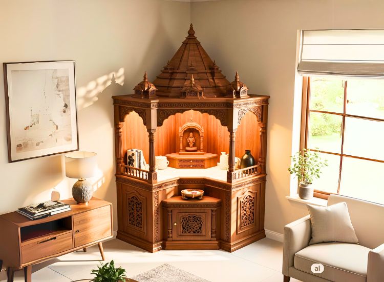 13. Corner Fit Wooden Mandir