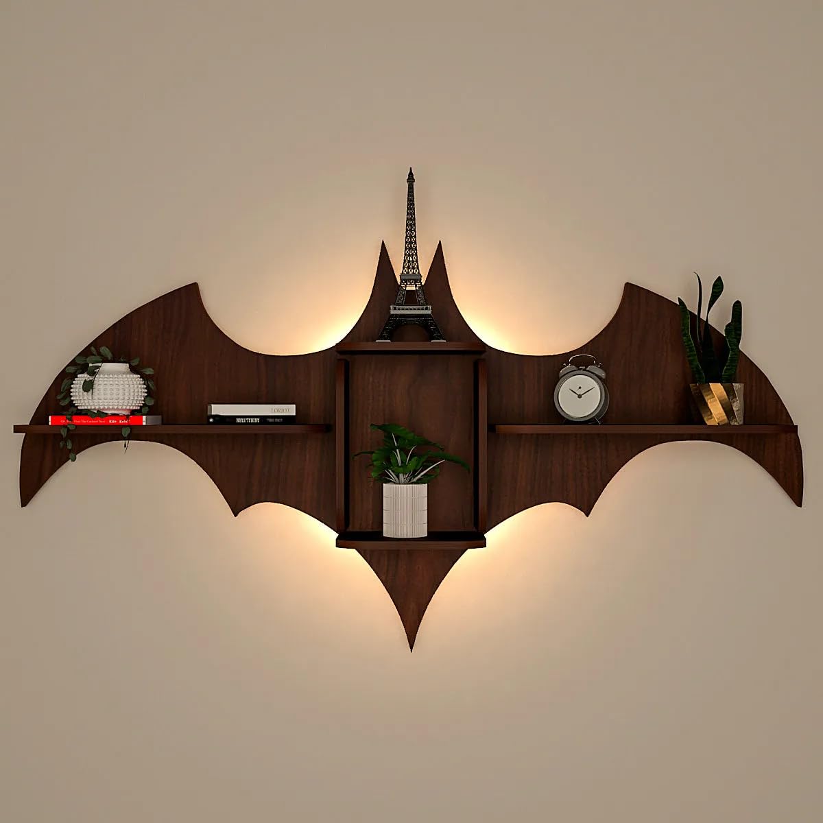 WALLMANTRA Bat Shape Backlit Wood Wall Shelf/Book Shelf