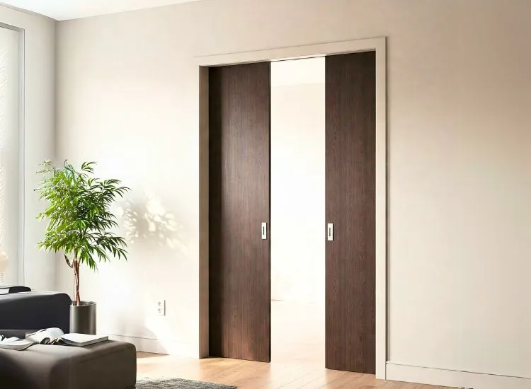 Smart and space-saving pocket door design, featuring sleek wooden construction ideal for modern house door types.