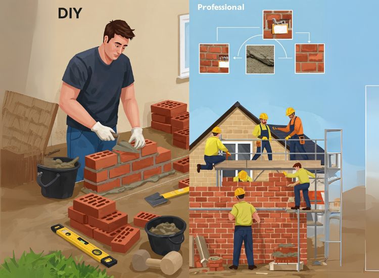 Comparison of DIY and professional brick masonry projects, highlighting the craftsmanship, precision, and tools used for each approach.