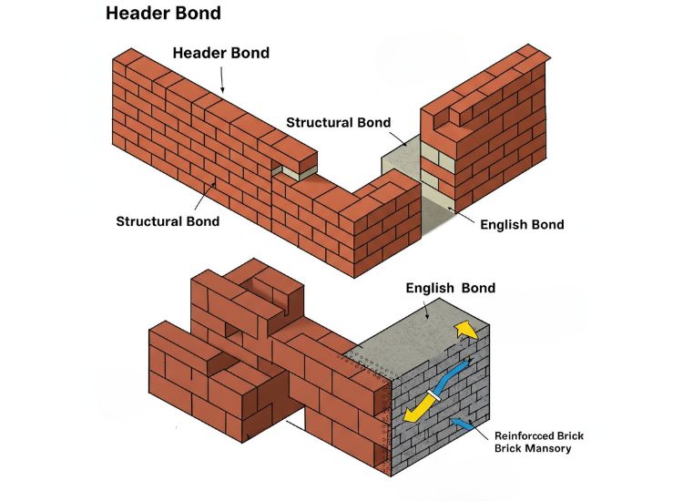 Various brick laying patterns, demonstrating how different patterns affect the strength and stability of masonry construction.