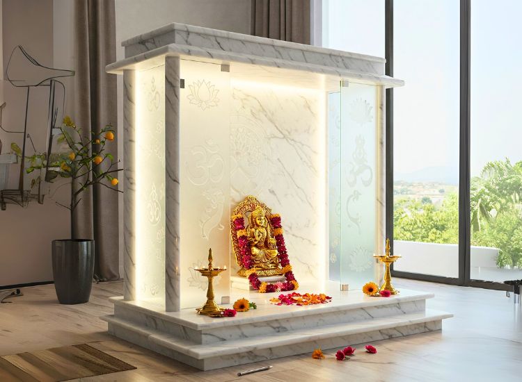 Refined marble mandir design with etched glass panels, blending tradition and modern marble home mandir style.
