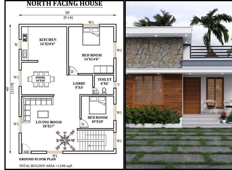 Estimated cost breakdown of a 2bhk home plan for a 1200 sq ft house design