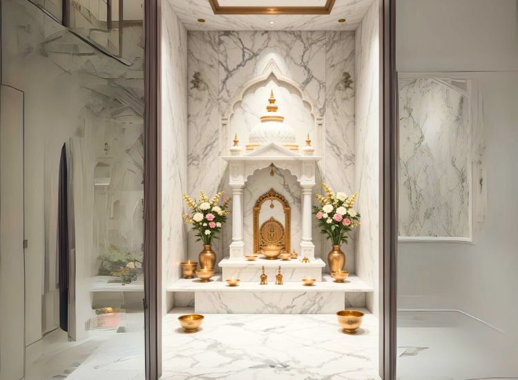 Gleaming marble pooja room design embellished with Swarovski crystals, adding sparkle to your marble temple design.