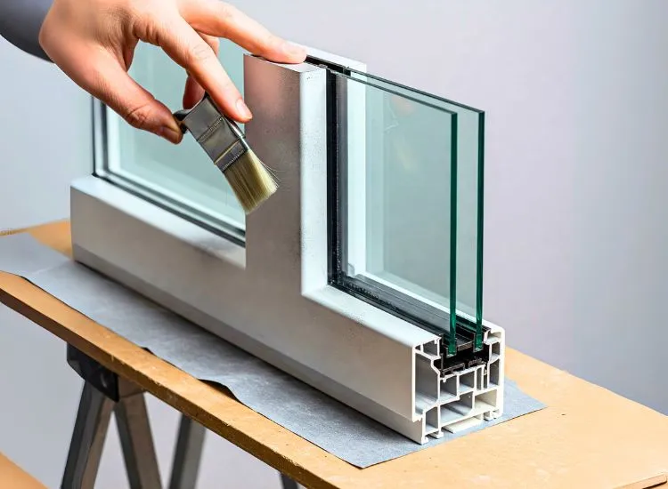 Close-up of window frames showcasing coating and glazing techniques, enhancing durability and aesthetic appeal with sleek, modern finishes.