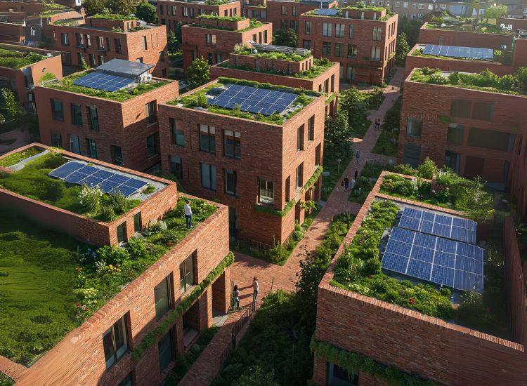 Brick masonry used in climate-resilient city construction, showcasing its ability to withstand extreme weather and contribute to sustainable, energy-efficient buildings.
