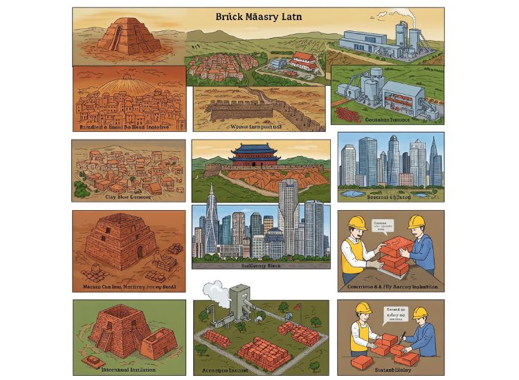 A historical progression of brick masonry construction, highlighting the evolution of brickwork techniques from traditional to modern methods.