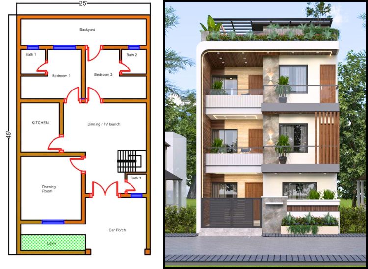 Smart 2bhk home plan with space-saving layout for a 25x45 house design