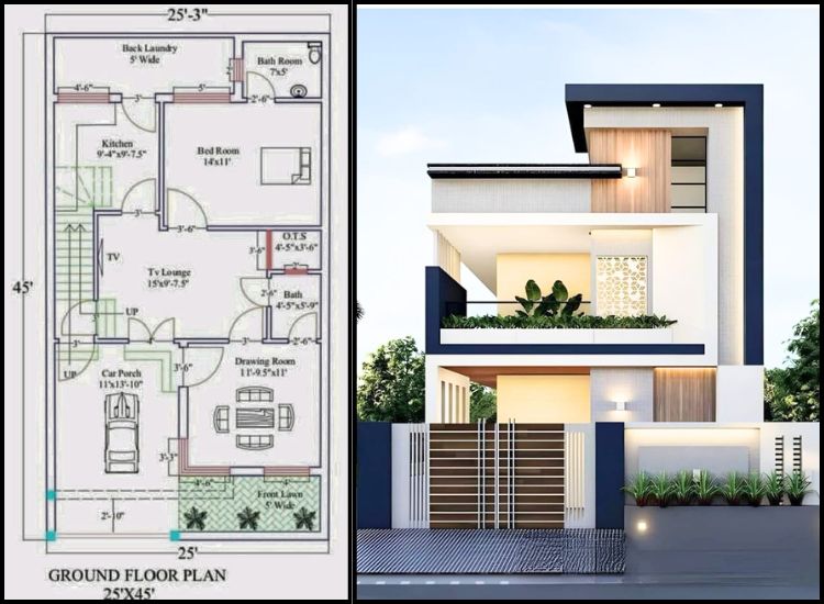 East-facing 25x45 vastu 2bhk home plan with balanced room layout and natural light entry