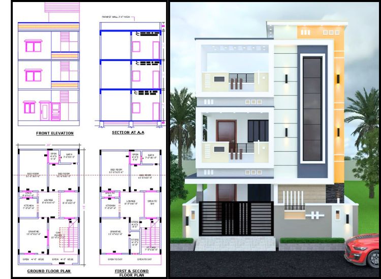 East-facing 25x45 2bhk home plan in duplex style with smart layout design