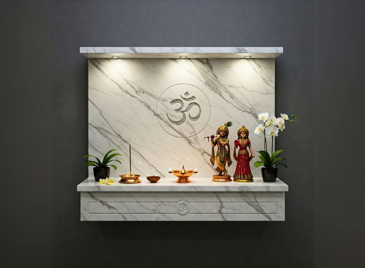 Sleek marble pooja unit design with a minimal layout, perfect for modern marble temple design aesthetics.
