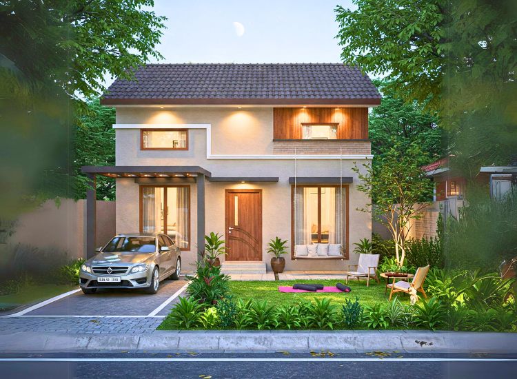 2BHK house plan with small front and rear garden, perfect for cozy outdoor living spaces.
