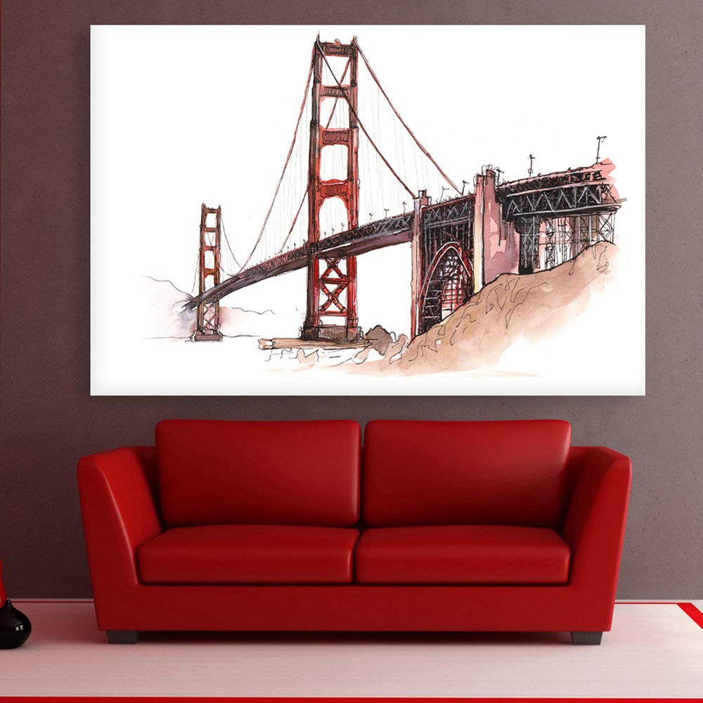 Inephos Framed Canvas Painting - Golden Gate Bridge Illustration Art Wall Painting for Living Room