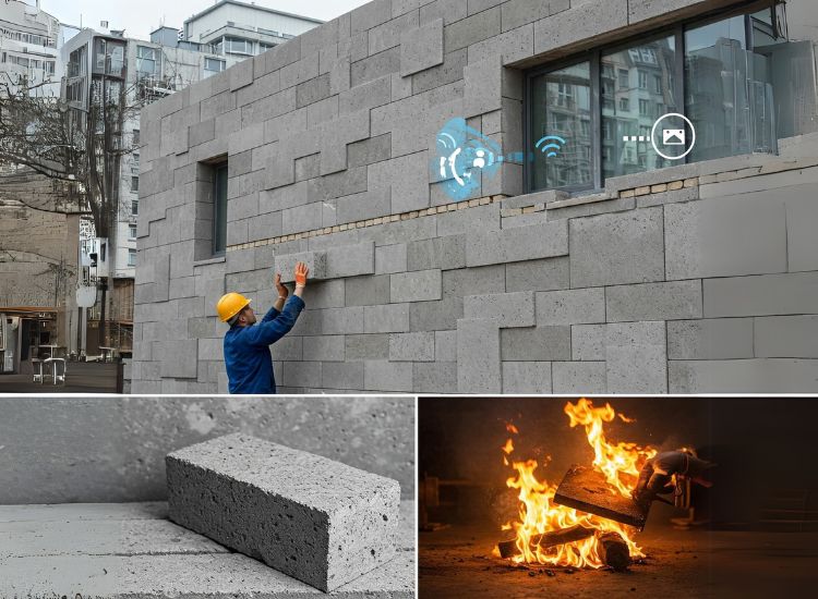 A sleek wall of concrete bricks, showcasing their aesthetic appeal and superior soundproofing qualities for modern masonry construction.