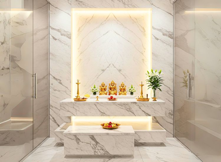 Chic marble pooja room design with sleek lines and soft lighting for a stylish marble home mandir vibe.