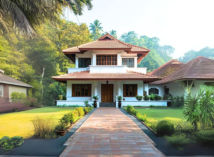 Kerala style 2BHK house plan showcasing traditional architecture with modern layout