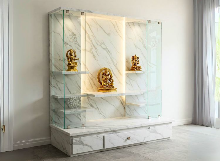Modern marble home temple with glass side panels, merging elegance with a clean marble unit design.