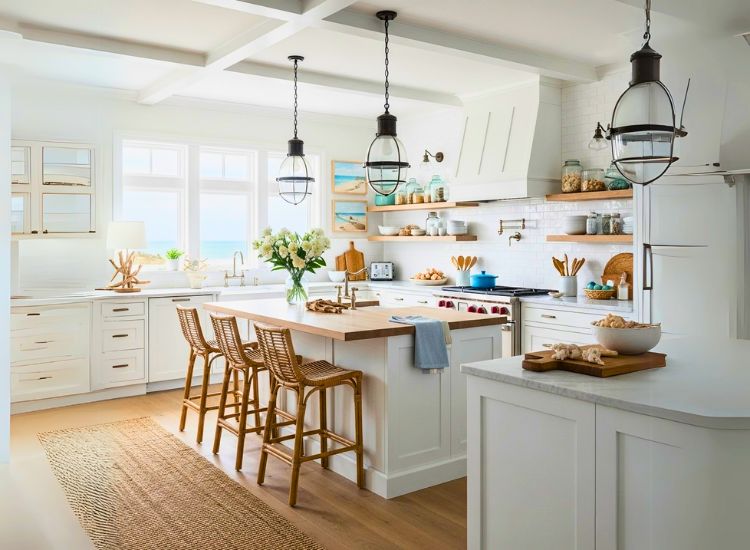 Coastal-style kitchen interior idea with breezy kitchen design style, modern kitchen design elements, and modular kitchen design features.