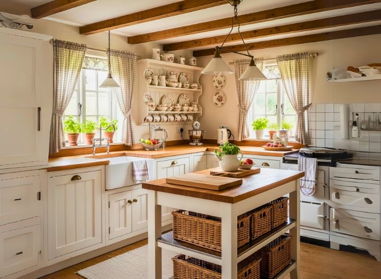 Charming cottage-style kitchen featuring cozy kitchen design style with modular kitchen design and modern kitchen design ideas.