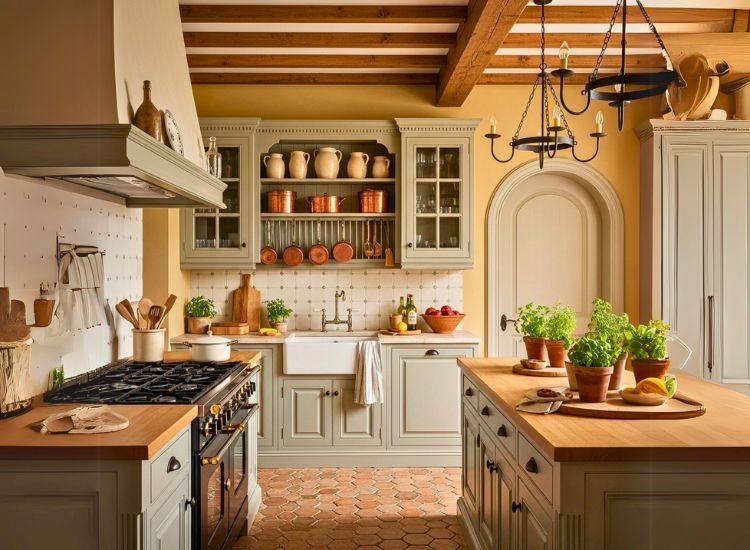 Elegant French country kitchen design showcasing classic kitchen design style blended with modular kitchen design and modern touches.