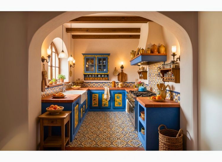 "Vibrant Mediterranean kitchen design idea featuring colorful accents and a unique kitchen design style with modern modular kitchen design."