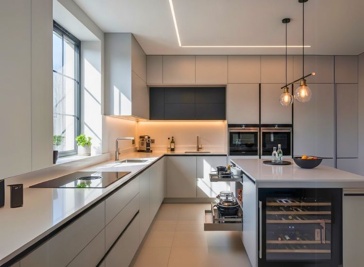 "Sleek modern kitchen design featuring a streamlined modular kitchen design and contemporary kitchen design style."