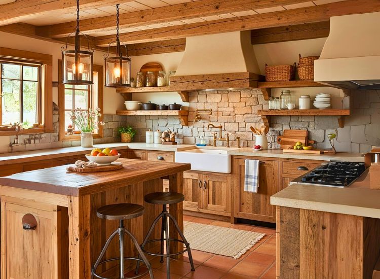 Warm rustic kitchen interior featuring natural textures with a blend of modular kitchen design and traditional kitchen design styles.