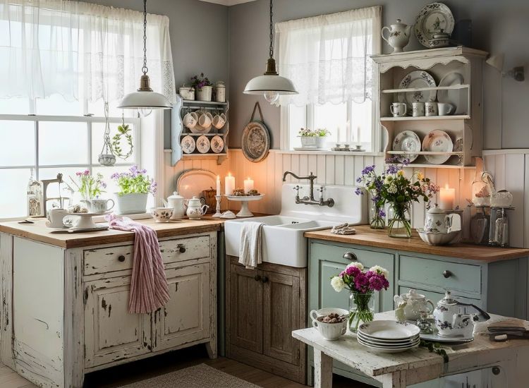 Cozy shabby-chic kitchen design combining vintage kitchen design style with modern modular kitchen design ideas.