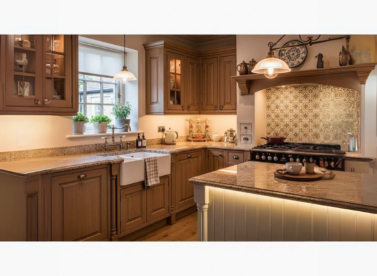 "Classic traditional kitchen design showcasing timeless kitchen design styles with elegant modular kitchen design elements."