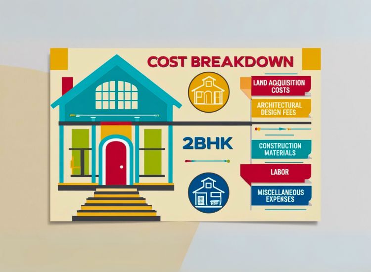 Infographic explaining the average cost of building a 2BHK house plan in India, with key factors like materials, labor, and location.