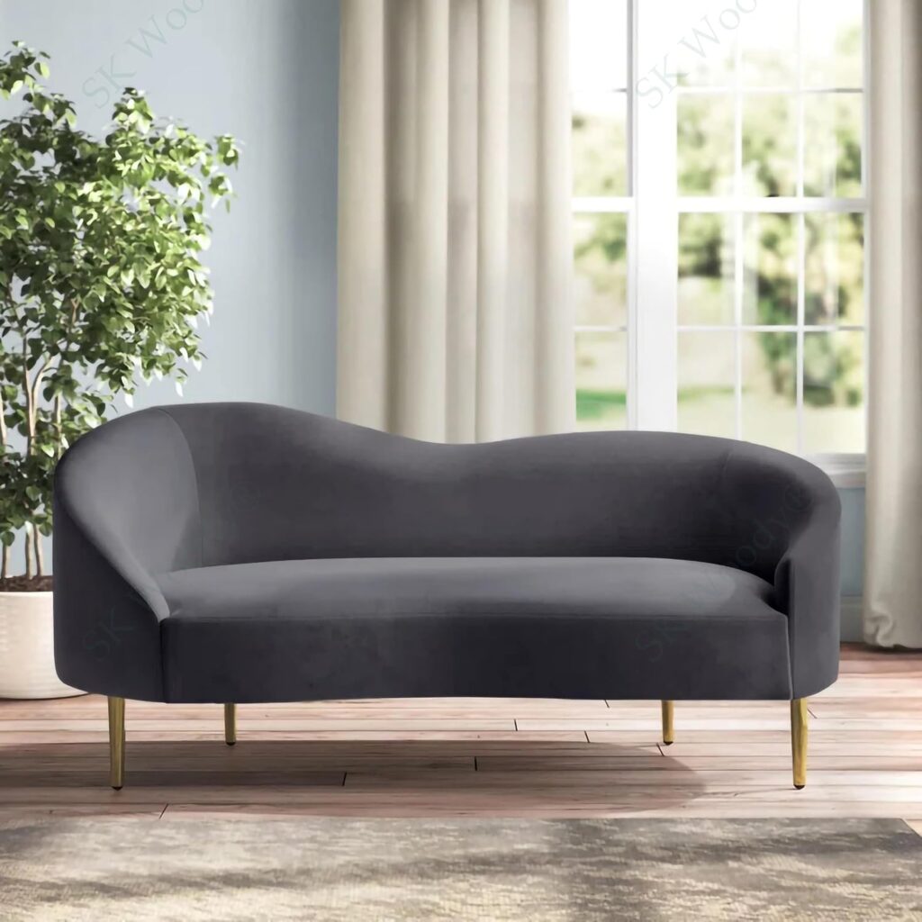 Luxury Rosewood 2-Seater Settee Curved Sofa Diwan Couch in Velvet Fabric for Bedroom