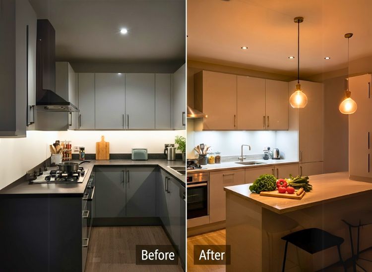 Modern kitchen lighting ideas showcasing a stylish blend of pendant lights and ambient kitchen light design to enhance functionality and aesthetics.