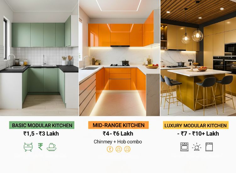 Stylish kitchen interior showing real modular kitchen cost in India with smart layout and modern finishes.