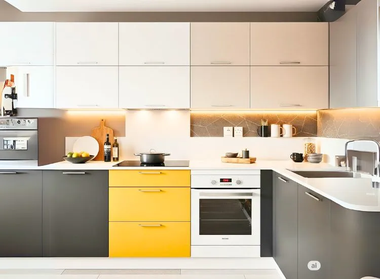 Dual-tone modular kitchen design combines two colors for a trendy and modern look in small kitchen spaces.