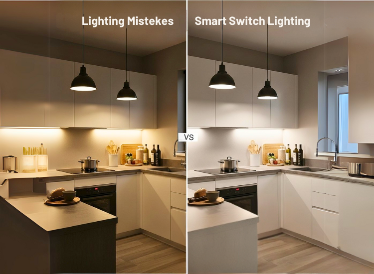 Common lighting in kitchen mistakes, including poor pendant light placement and outdated kitchen light design, to avoid during a makeover.