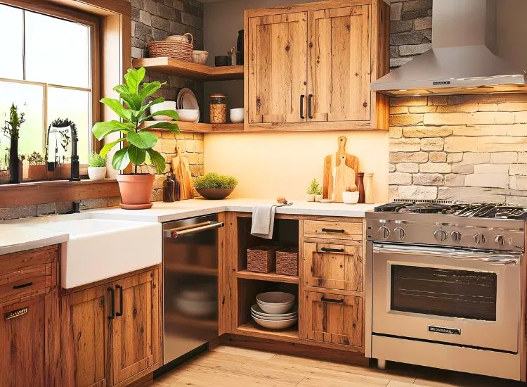 Reclaimed wood modular kitchen cabinets add a natural touch to sustainable designs for kitchen cupboards.