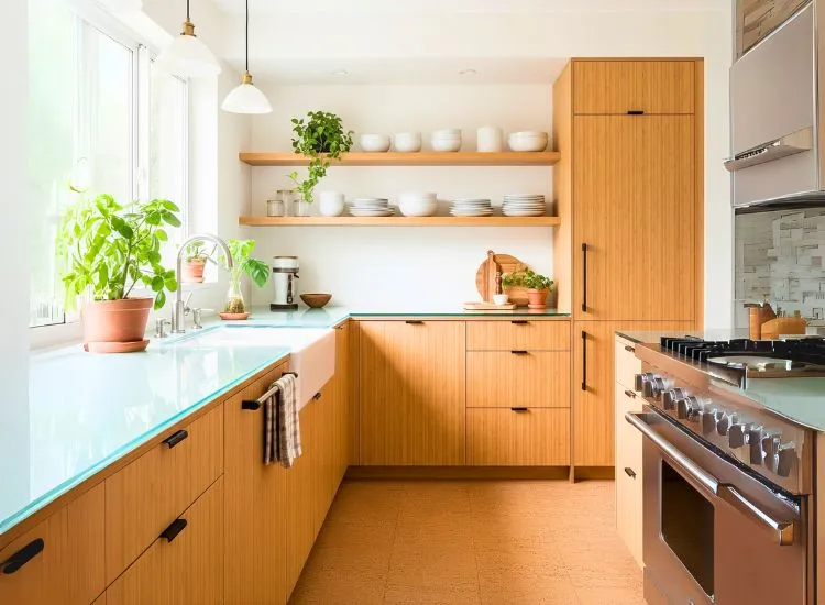 Reclaimed wood modular kitchen cabinets add a natural touch to sustainable designs for kitchen cupboards.