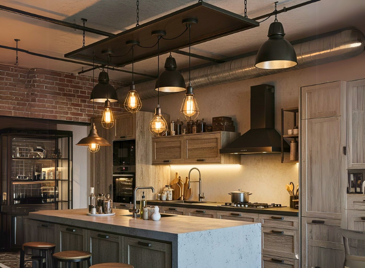 Industrial kitchen lighting design featuring raw metal pendant lights and exposed fixtures for a refined, charming kitchen light style.